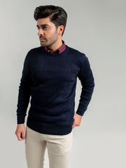 Navy Blue Textured Crew Neck Sweater