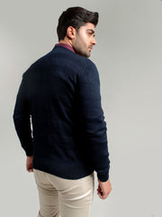 Navy Blue Textured Crew Neck Sweater