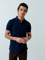 Navy Blue Textured Polo With Classic Collar