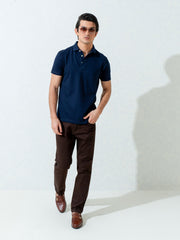 Navy Blue Textured Polo With Classic Collar