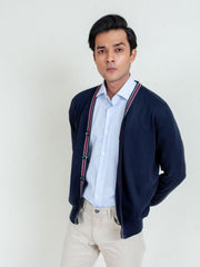 Navy Blue V-Neck Cardigan With Detailing