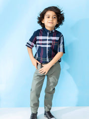 Navy Checkered Mao Collar Casual Short Sleeve Shirt