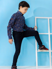 Navy & Orange Circle Printed Casual Shirt