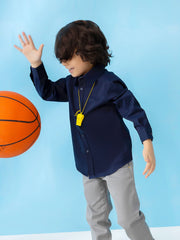 Navy Satin Long Sleeve Formal Shirt - Junior