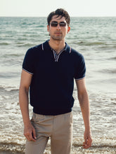 Navy Blue Flat Knit Polo With Contrating Placket