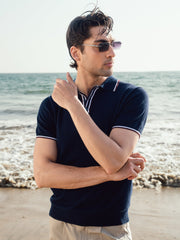 Navy Blue Flat Knit Polo With Contrating Placket