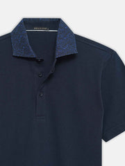 Navy Blue Pique Polo With Printed Cutaway Collar