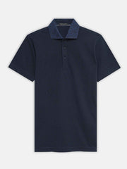 Navy Blue Pique Polo With Printed Cutaway Collar