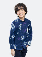Navy Blue Bold Printed Sleeve Casual Shirt