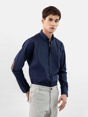 Navy Blue Button Down Shirt With Brown Elbow Patch