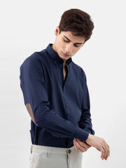 Navy Blue Button Down Shirt With Brown Elbow Patch