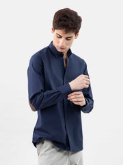 Navy Blue Button Down Shirt With Brown Elbow Patch