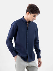 Navy Blue Button Down Shirt With Brown Elbow Patch