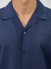 Navy Blue Linen Blended Half Sleeve Cuban Collar Shirt