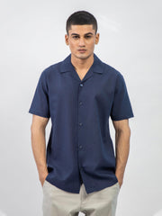 Navy Blue Linen Blended Half Sleeve Cuban Collar Shirt