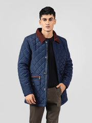 Navy Blue Sportsquilt Long Jacket With Collar