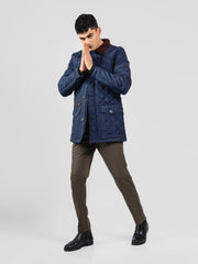 Navy Blue Sportsquilt Long Jacket With Collar