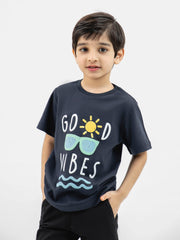 Navy Blue 'Good Vibes' Printed Casual T-Shirt