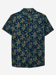 Navy Blue & Green Floral Printed Cuban Collar Shirt