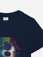 Navy Blue 'Joystick' Printed Casual T-Shirt
