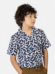 Navy Feather Printed Cuban Collar Half Sleeve Casual Shirt