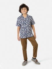 Navy Feather Printed Cuban Collar Half Sleeve Casual Shirt