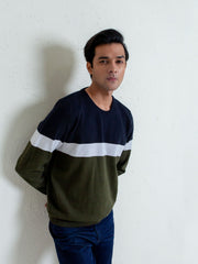 Olive & Navy Striped Crew Neck Sweater