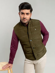 Olive Quilted Sleeveless Vest With Leather Detailing