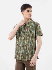 Olive Green Abstract Printed Half Sleeve Cuban Collar Shirt