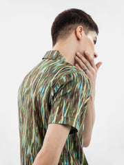 Olive Green Abstract Printed Half Sleeve Cuban Collar Shirt