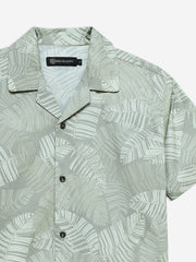 Olive Green Floral Printed Cuban Collar Shirt