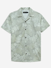 Olive Green Floral Printed Cuban Collar Shirt