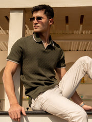 Olive Green Jacquard Structured Tipped V-Neck Polo