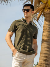 Olive Green Jacquard Structured Tipped V-Neck Polo