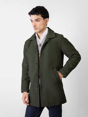 Olive Green Wool Blended Long Coat With Collar