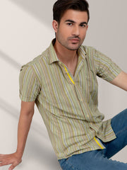 Olive Striped Seersucker Half Sleeve Shirt