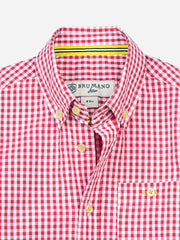 Red Gingham Seersucked Short Sleeve Casual Shirt