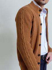 Ribbed Camel Brown Button Cardigan