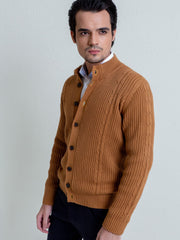 Ribbed Camel Brown Button Cardigan