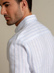 Sky Blue & White Striped 100% Linen Shirt