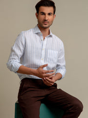 Sky Blue & White Striped 100% Linen Shirt