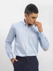 Sky Blue Button Down Shirt With Beige Elbow Patch