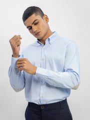 Sky Blue Button Down Shirt With Beige Elbow Patch