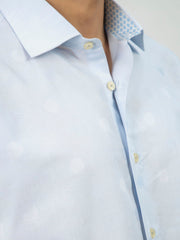 Sky Blue Cotton/Linen Polka Dot Patterned Shirt