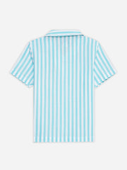 Turquoise Blue Striped Cuban Collar Shirt - Junior
