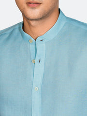 Turquoise Blue Linen Mao Collar Shirt