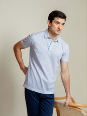 White & Blue Printed Mercerized Polo Shirt