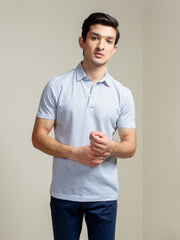 White & Blue Printed Mercerized Polo Shirt