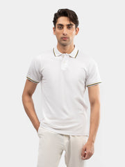 White Multicolor Tipped Collar Pique Polo