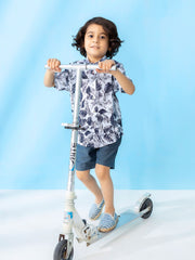 White & Navy Floral Printed Short Sleeve Casual Shirt